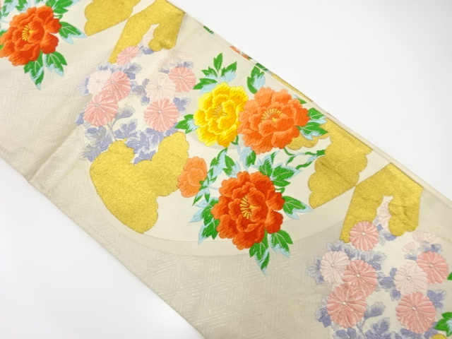 JAPANESE KIMONO / ANTIQUE FUKURO OBI / SILK / WOVEN KIKU